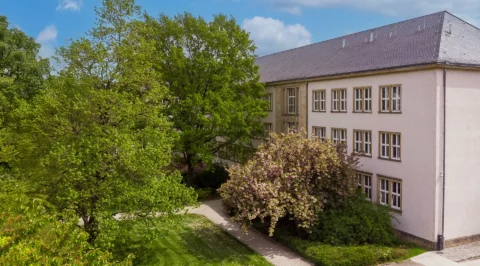 Exterior view of the IHD Dresden surrounded by green spaces with blossoming trees and a walking path. Exterior view of the IHD Dresden surrounded by green spaces with blossoming trees and a walking path.