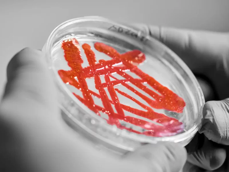 Nahaufnahme zweier behandschuhter Hände mit einer Petrischale, darauf rote Streichlinien einer Kultur.