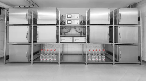 Stainless steel test chambers in a laboratory rack for emission testing
