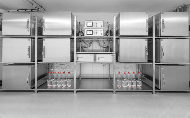 Edelstahl-Prüfkammern in einem Laborregal zur Emissionsprüfung