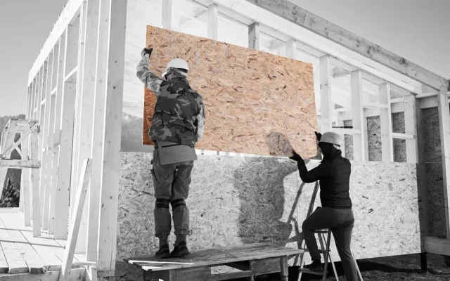 Zwei Bauarbeiter montieren eine OSB als Wandbeplankung an einer Holzrahmenkonstruktion