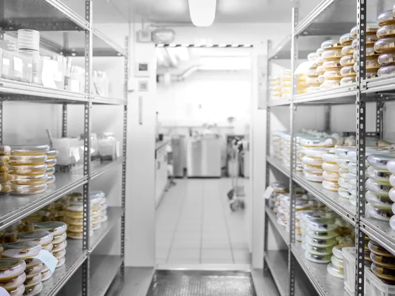 Blick durch einen Laborflur mit Metallregalen voller Petrischalen, vorbereitet für Wirksamkeitsprüfungen von Bioziden sowie Schimmel und Algen.