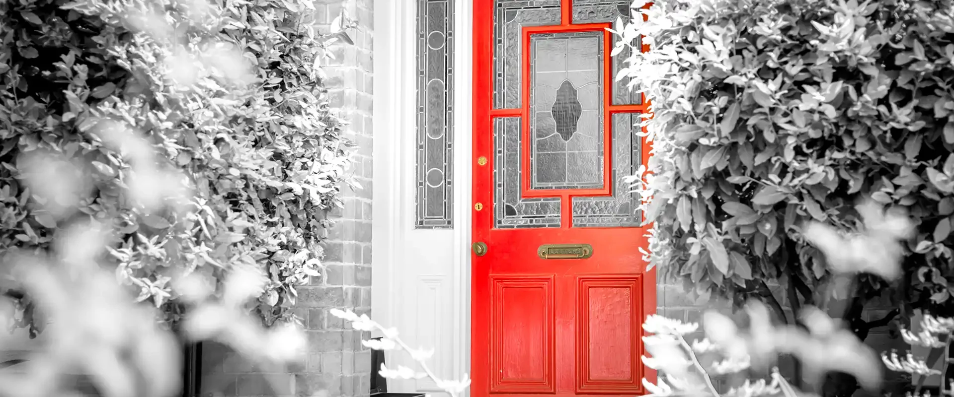 Rote Haustür mit verglasten Zierfeldern in einer Hausfassade, von Büschen eingerahmt.