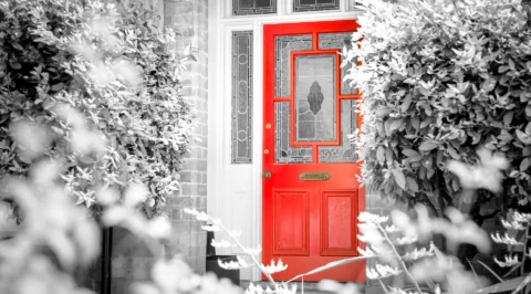 Red front door with decorative glazed panels in a house facade framed by shrubs.