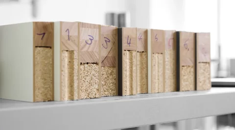 Row of numbered wood-based test specimens on a lab shelf: cross-sections with particleboard cores and various surface laminates