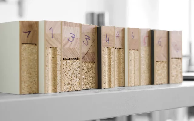 Reihe nummerierter Prüfkörper aus Holzwerkstoffen auf einem Laborregal: Querschnitte mit Spanplattenkern und unterschiedlichen Deckschichten