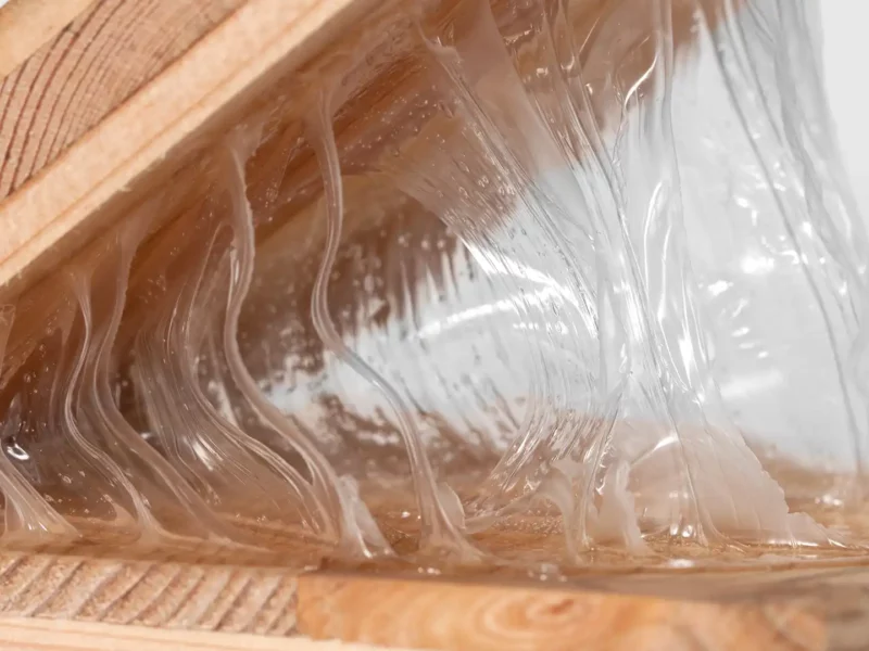 Nahaufnahme von Klebstofffäden zwischen zwei Holzflächen beim Öffnen einer Verklebung.