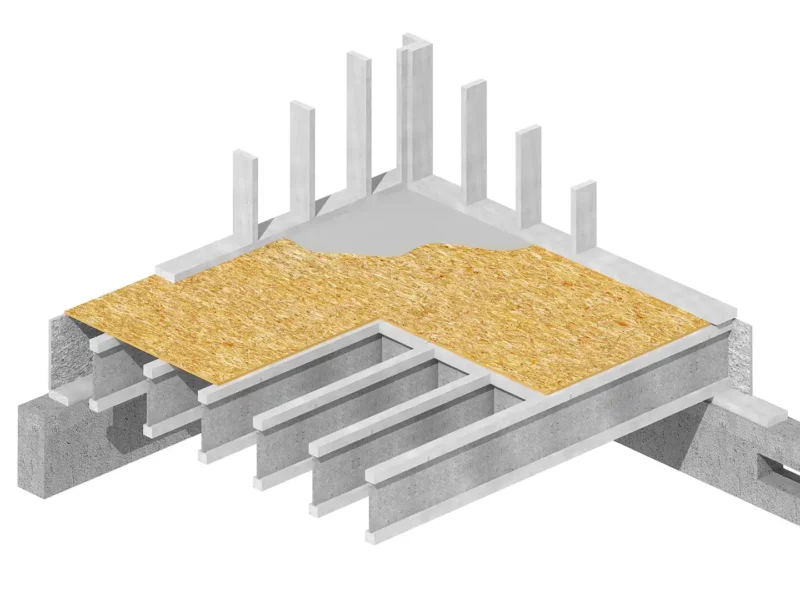 3D Schnittdarstellung eines Bodenelements mit Trägern und aufliegender Holzwerkstoffplatte.
