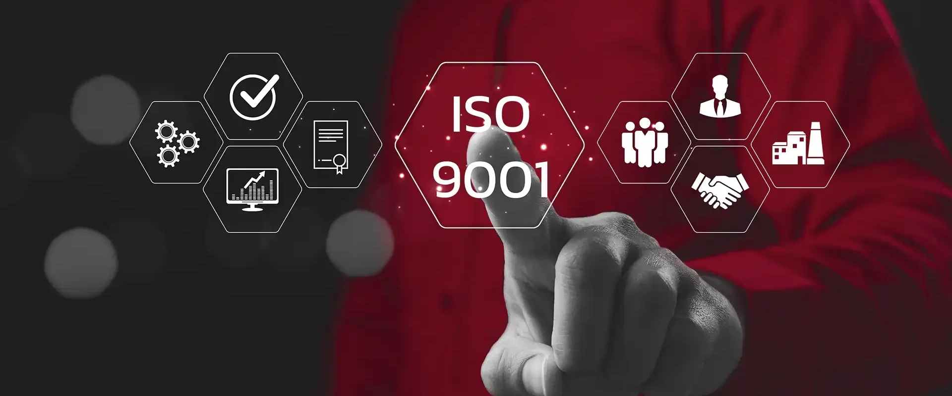 Hand pointing at a glowing virtual hexagon labeled “ISO 9001,” surrounded by icons for quality, processes, certificate, analytics, people, leadership, partnership and manufacturing