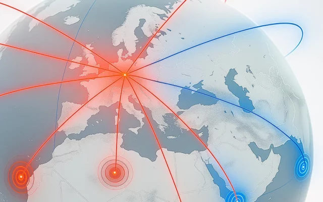 Abstrakter Globus in Grau Blau mit roten und blauen Verbindungslinien, Zentrum über Europa.