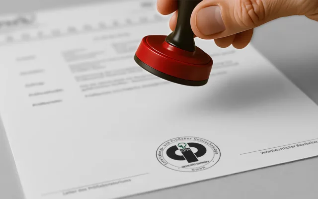 Hand setzt einen Stempel auf ein Dokument mit EPH Qualitätssiegel.