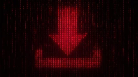 Red download arrow formed by ones and zeros on a dark background.