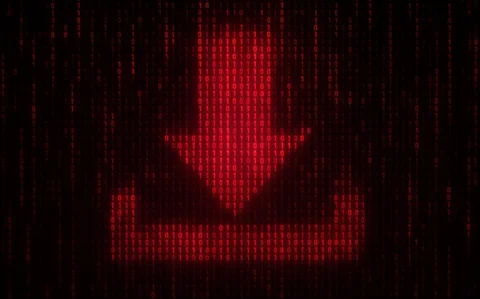 Roter Download Pfeil aus Einsen und Nullen vor dunklem Hintergrund.