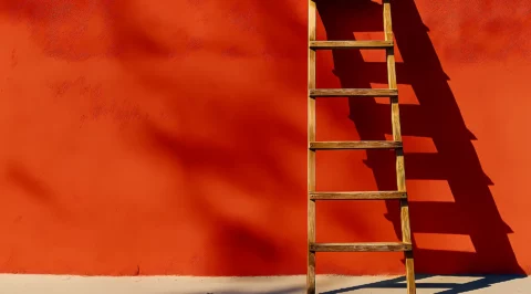 Wooden ladder leaning against an orange wall casting a distinct shadow.