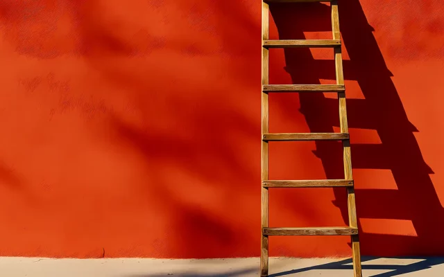 Holzleiter lehnt an einer orangefarbenen Wand und wirft einen deutlichen Schatten.